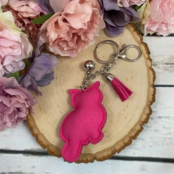 Hot Pink & Silver Rhinestone Owl Keychain & Tassel Charm - Picture 4 of 5